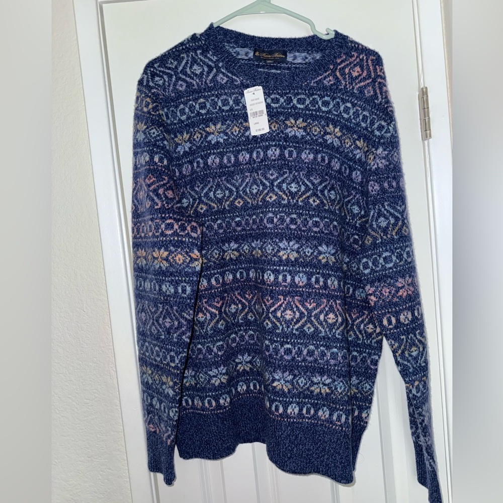 NWT Brooks Brothers Blue Merino Wool Space Dyed Fair Isle Sweater Large L $198